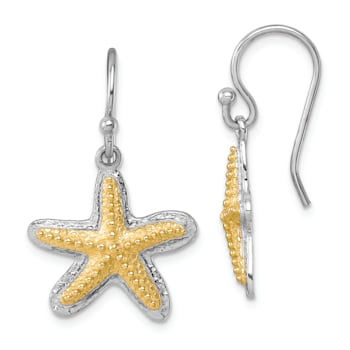 Rhodium Over Sterling Silver Polished Two-tone Star Fish Dangle Earrings