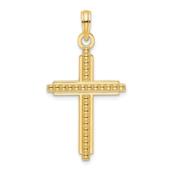 14k Yellow Gold Polished Beaded Textured Cross Pendant