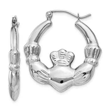 Rhodium Over 14k White Gold 1 1/16" Claddagh Hoop Earrings