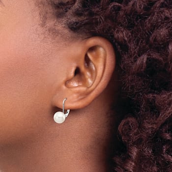 Rhodium Over 14K White Gold 8-9mm Round White Saltwater Akoya Pearl
Leverback Earrings