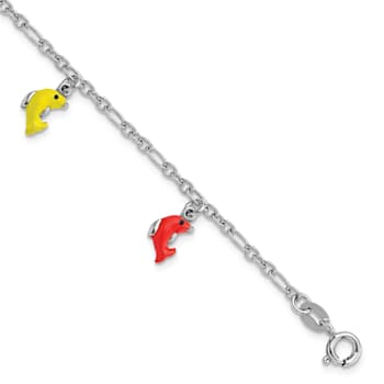 Sterling Silver Polished and Enameled Dolphins Children's 6-inch Bracelet
