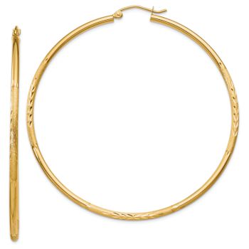 14k Yellow Gold 2 3/8" Satin and Diamond-Cut Round Tube Hoop Earrings