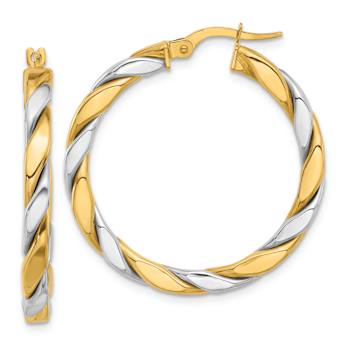 14k Yellow Gold and 14k White Gold 1 1/4" Polished Twisted Hoop Earrings