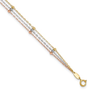 10k Yellow Gold, 10k White Gold and 10k Rose Gold 3-Strand Diamond-Cut
Beaded Cable Link Anklet