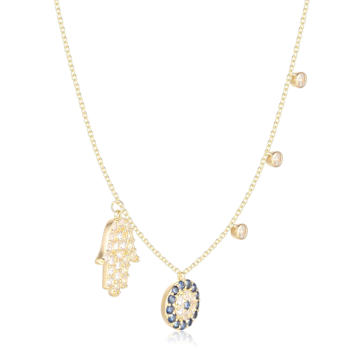 Blue Sapphire and White Topaz Rhodium Over Sterling Silver Layering Evil
Eye and Hamsa Necklace