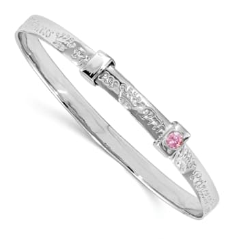 Rhodium Over Sterling Silver Pink Cubic Zirconia Princess Adjustable Bangle