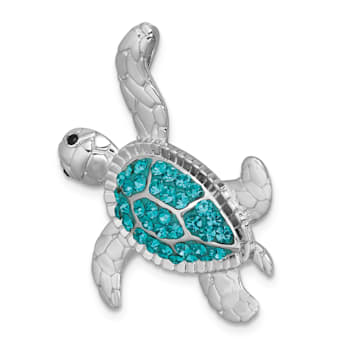 Rhodium Over Sterling Silver Polished Blue Crystal Turtle Chain Slide Pendant