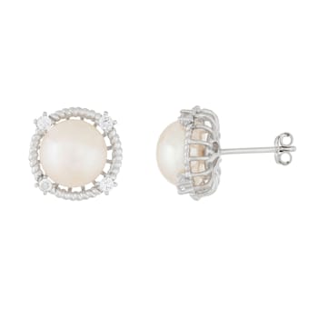 White Cultured Freshwater Pearl and CZ Rhodium Over Sterling Silver
9-10mm Button Earrings