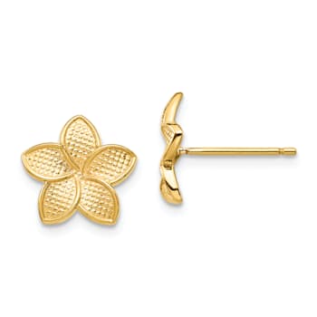 14K Yellow Gold Polished and Textured 10.95mm Plumeria Stud Earrings