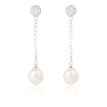 7-7½mm White Cultured Freshwater Pearl and Cubic Zirconia Rhodium Over
Sterling Silver Earrings