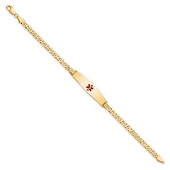 14k Yellow Gold Medical Soft Diamond Shape Red Enamel Flat Curb Link ID Bracelet