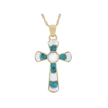 Cultured Freshwater Pearl, Turquoise And Mother-Of-Pearl Cross Pendant
Necklace In 18K Gold Over Sterling Silver