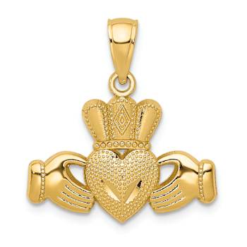 14k Yellow Gold Polished and Textured Claddagh Pendant