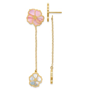 14K Yellow Gold Pink and White MOP Flower Dangle Post Earrings