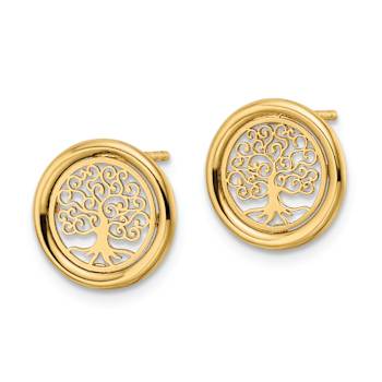 14k Yellow Gold Polished Tree of Life in Circle Stud Earrings