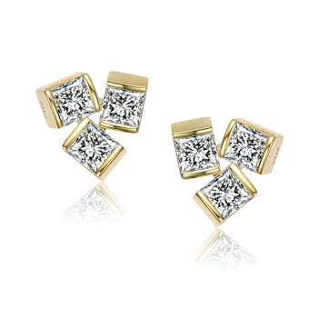 CZ Three-Stone Stud Earrings In 14K Gold Over Brass