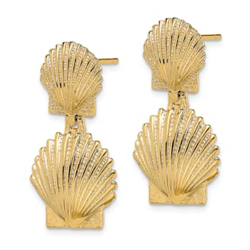 14k Yellow Gold Textured Double Scallop Shell Stud Earrings