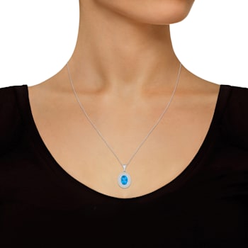 8x6mm Oval Swiss Blue Topaz And White Topaz Rhodium Over Sterling Silver
Double Halo Pendant w/Chain