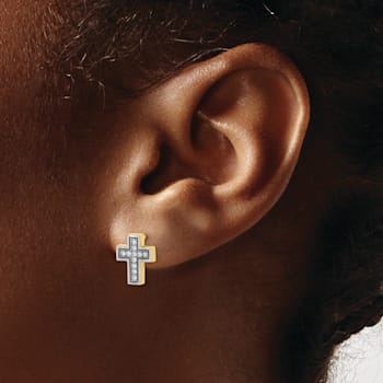 14K Yellow Gold and Rhodium Over 14K Yellow Gold Micro Pave Cubic
Zirconia Cross Stud Earrings