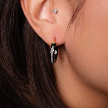14K Yellow Gold Over Sterling Silver Thin Silver Color Glitter Black
Acrylic Hoops