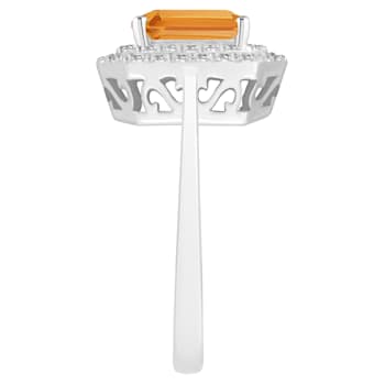 8x6mm Emerald Cut Citrine And White Topaz Accents Rhodium Over Sterling
Silver Double Halo Ring