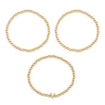 Initial V CZ Beaded Bracelet Set In 14K Gold Over Brass 0.10ctw