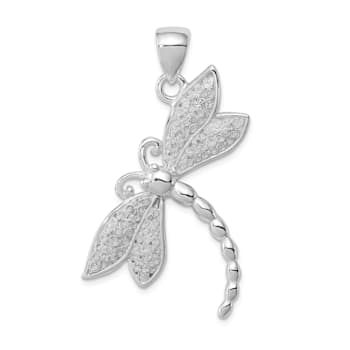 Rhodium Over Sterling Silver Polished and Textured Dragonfly Pendant