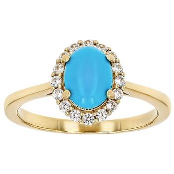 Turquoise Oval Halo Ring In 18K Gold Over Sterling Silver 0.30ctw