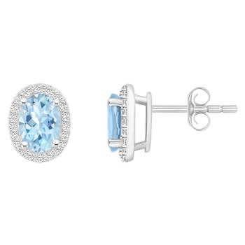 7x5mm Oval Simulated Aquamarine And Created White Sapphire 10k White
Gold Halo Stud Earrings