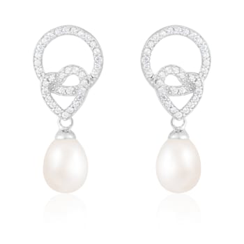 8-8.5mm White Cultured Freshwater Pearl and Cubic Zirconia Rhodium Over
Sterling Silver Earrings
