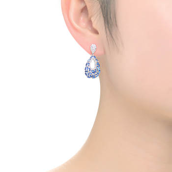 Sapphire Color CZ Pear Shape Drop Earrings In Sterling Silver