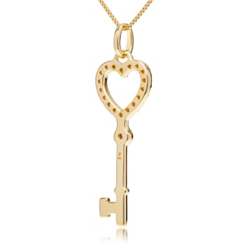 White Cubic Zirconia 14k Yellow Gold Key Pendant With Chain 0.20ctw