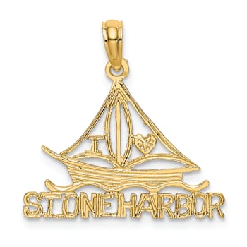 14k Yellow Gold Textured I Love Stone Harbor Sailboat pendant
