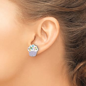 Rhodium Over Sterling Silver Enamel Cupcake Children's Post Earrings