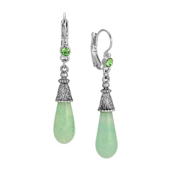 Silver Tone Green Aventurine Teardrop Leverback Earrings