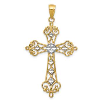 14K Two-tone Gold  Textured and Diamond-Cut Cut-Out Cross Pendant