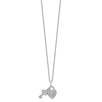 Rhodium Over 14K White Gold Lab Grown Diamond Heart Lock and Key Pendant Necklace