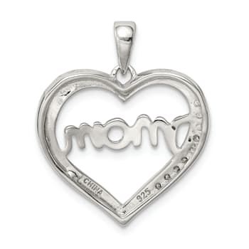 Rhodium Over Sterling Silver MOM Cubic Zirconia Heart Pendant