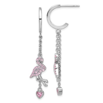 Rhodium Over Sterling Silver Pink Cubic Zirconia Flamingo Heart Post
Hoop Earrings
