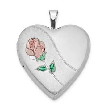Rhodium Over Sterling Silver 20mm Satin, Enamel, Diamond-cut Floral
Heart Locket Pendant
