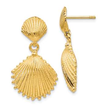 14k Yellow Gold Textured Scallop Shell Dangle Earrings