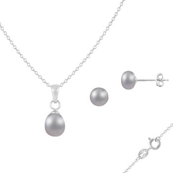 6.5-7mm Button/Drop Gray Freshwater Pearl Rhodium Over Sterling Earring
and Pendant W/Chain Set