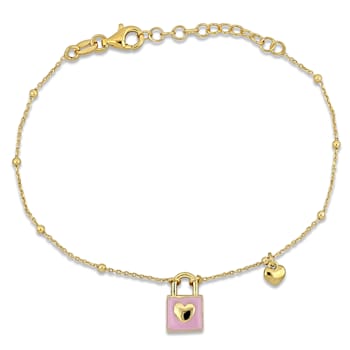 Children's Lock and Heart Pink Enamel Chain Bracelet 18K Yellow Gold
Over Sterling Silver