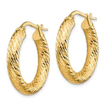 14k Yellow Gold Polished and Diamond-Cut 15/16" Round Hoop Earrings