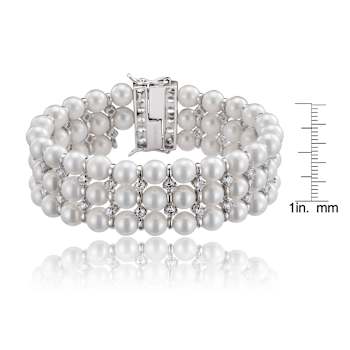 Triple-Strand Pearl And CZ Bracelet In Sterling Silver