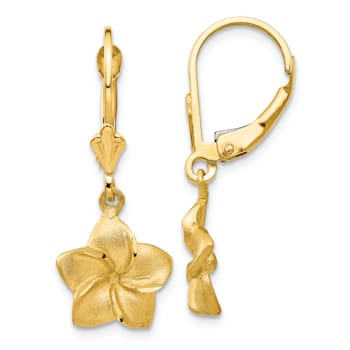 14k Yellow Gold Satin and Diamond-Cut Plumeria Dangle Earrings