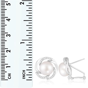 White Cultured Freshwater Pearl and CZ Rhodium Over Sterling Silver
7-8mm Button Earrings
