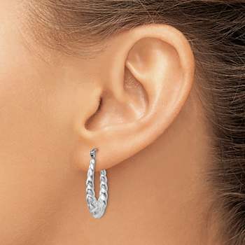 Rhodium Over 14k White Gold Polished and Textured 15/16" Oval Hoop Earrings