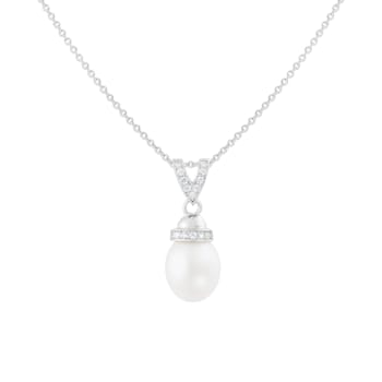 8-9mm White Cultured Freshwater Pearl Sterling Silver Pendant W/Chain