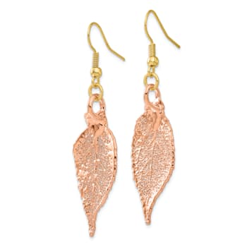 Copper Dipped Evergreen Leaf Gold Tone Shepherd Hook Earrings